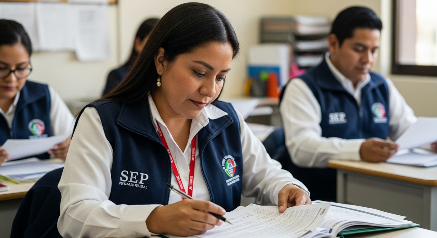 Maestra SEP revisando recibo de nómina en oficina escolar