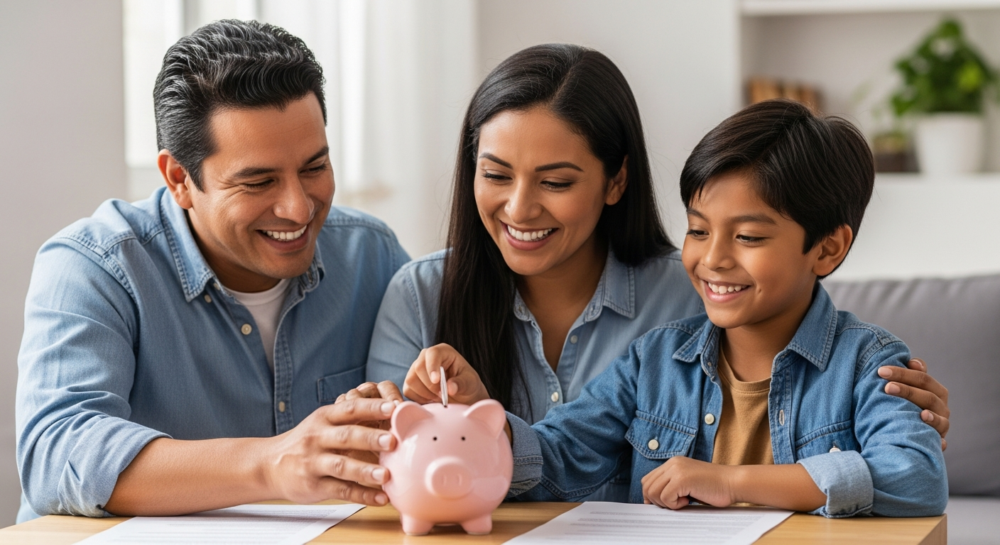 Familia mexicana feliz con meta de ahorro cumplida en casa