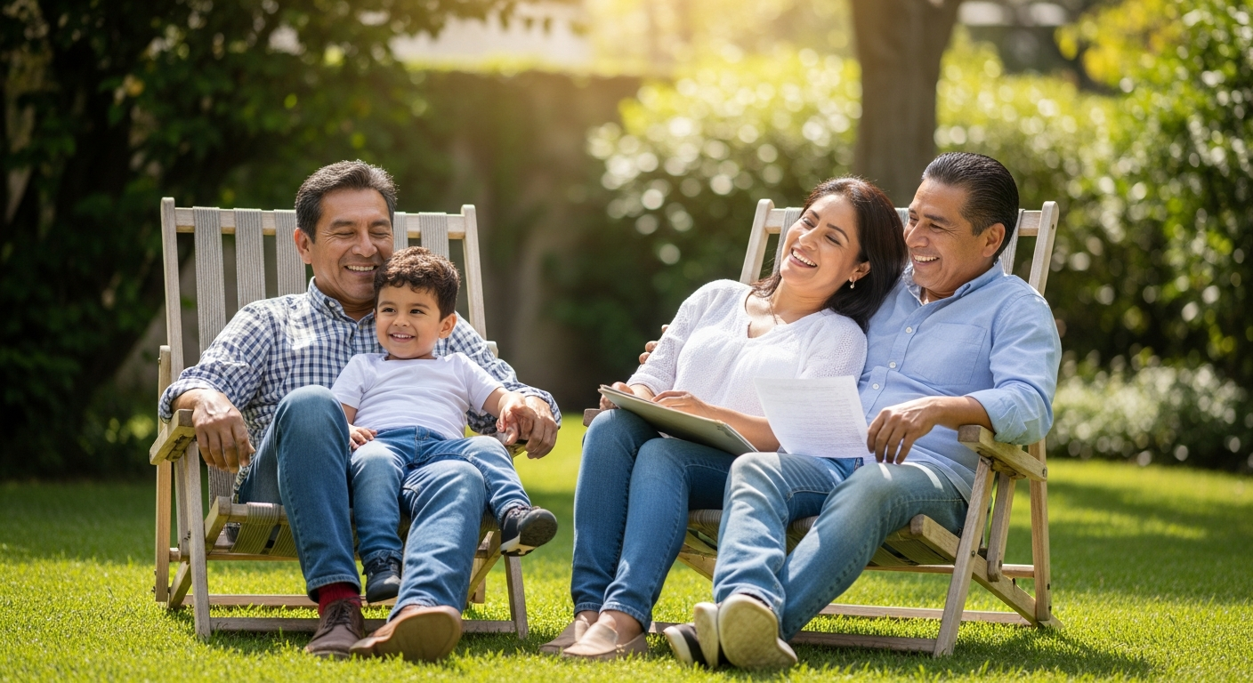 Familia mexicana feliz libre de deudas al aire libre