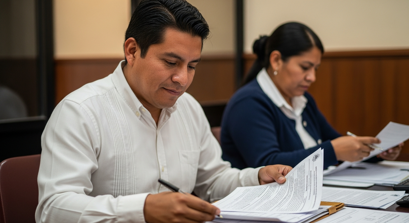Maestro revisando documentos de nómina en oficina escolar
