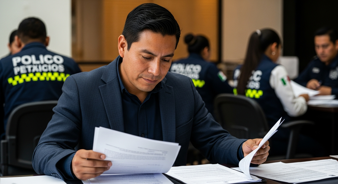 Policía SSC CDMX revisando documentos de crédito nómina