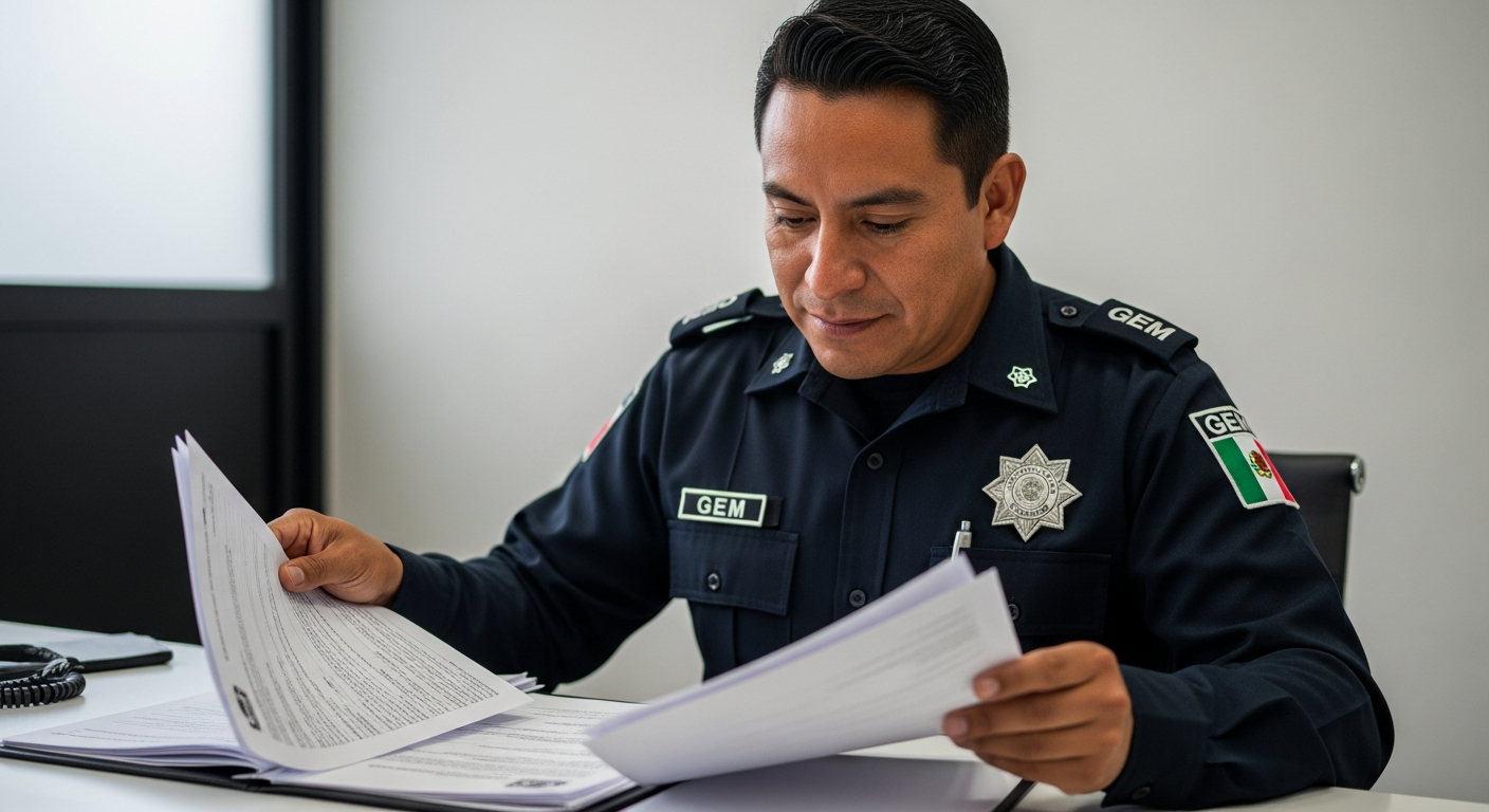 Policía Estado de México revisando documentos de nómina en oficina