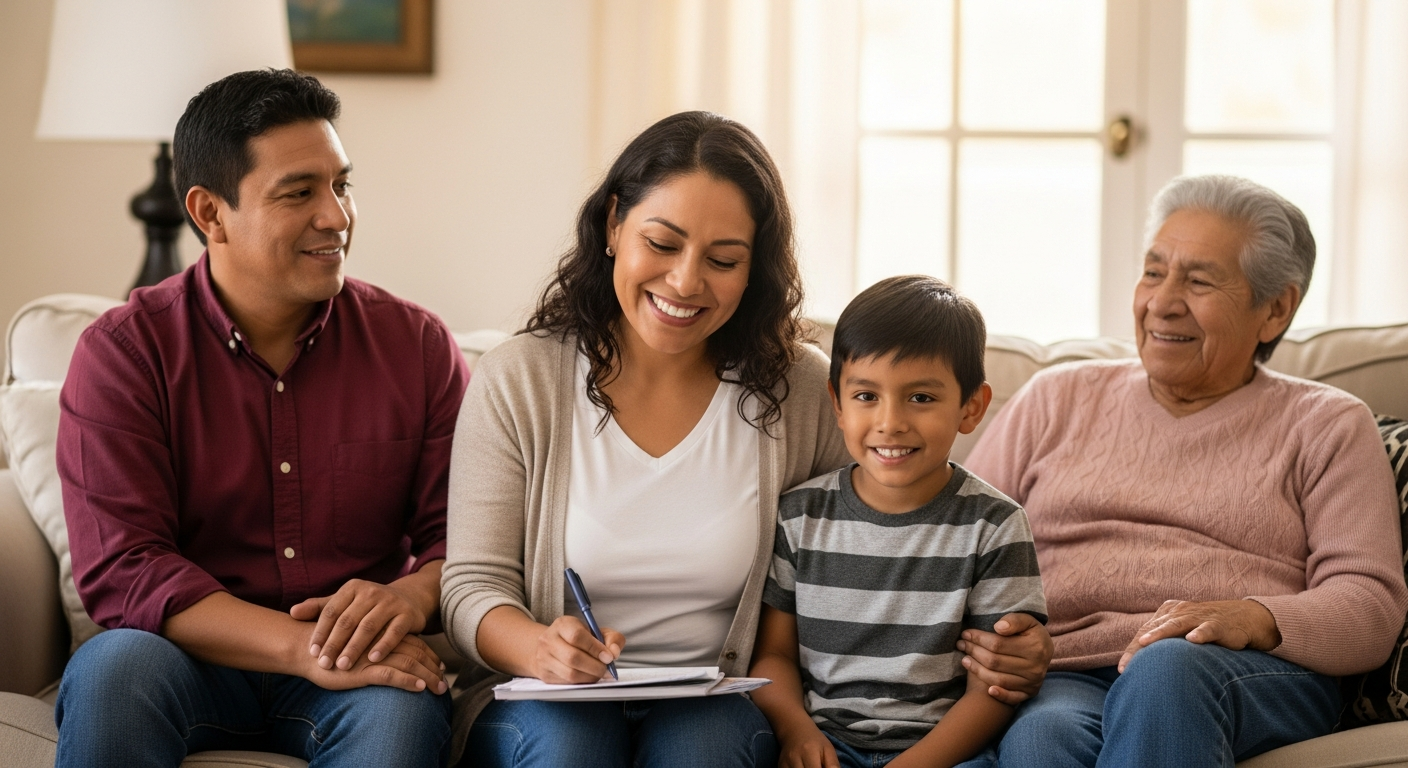 Maestra mexicana feliz con su familia tras obtener crédito