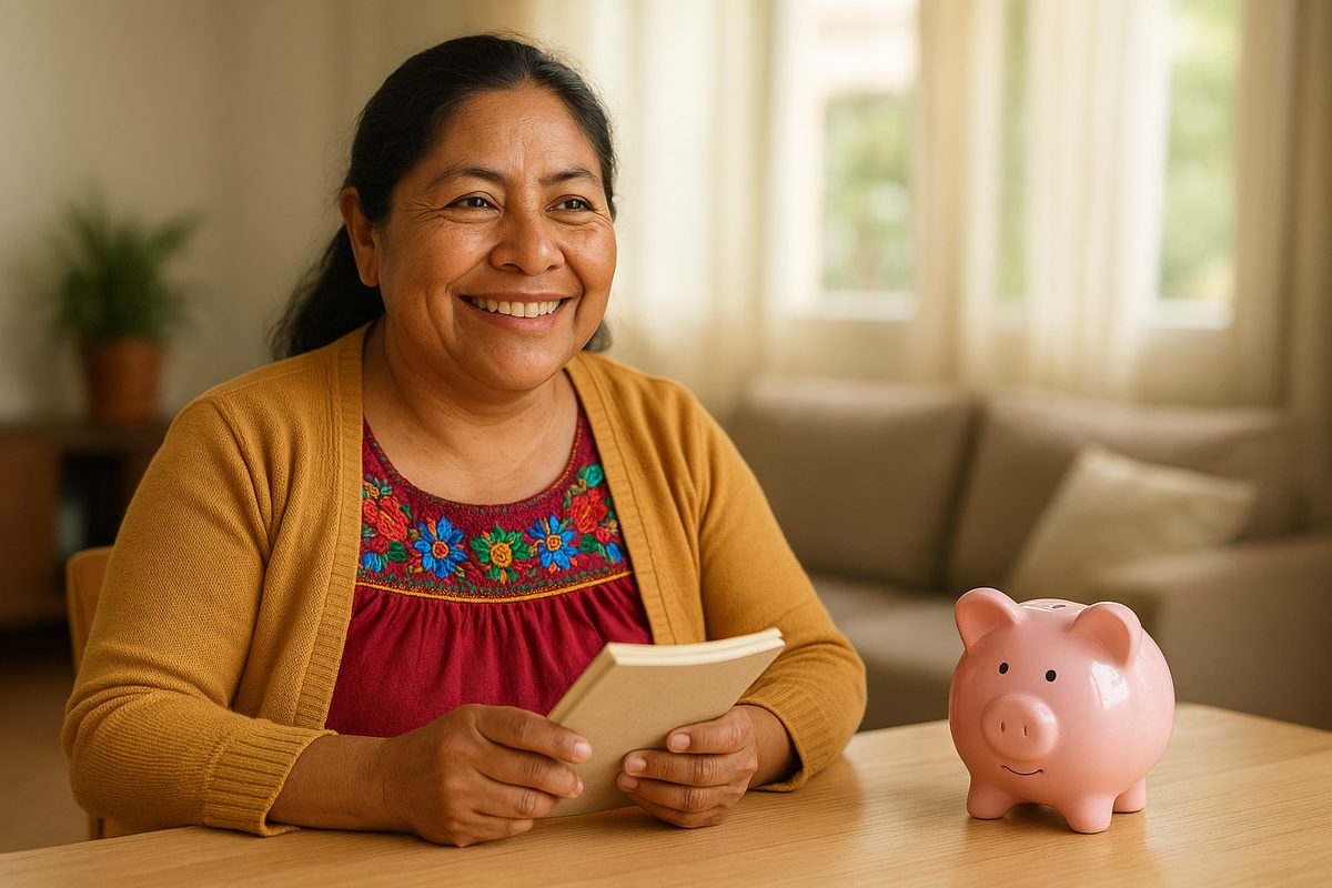 Mujer feliz por lograr su meta de ahorro