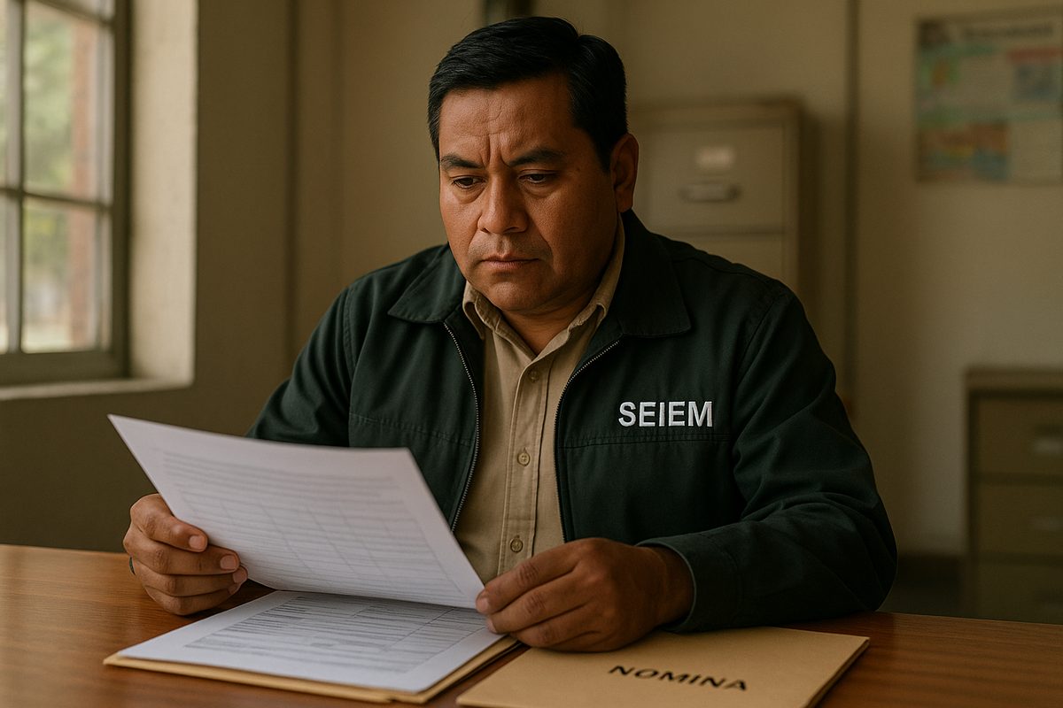 Director SEIEM revisa documentos de nómina en su oficina
