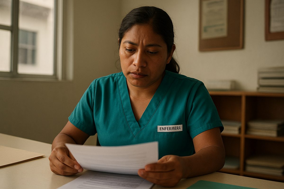 Enfermera de IMSS Bienestar revisando documentos para su crédito