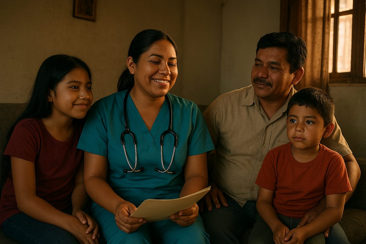 Enfermera de IMSS Bienestar en casa con su familia, tranquila