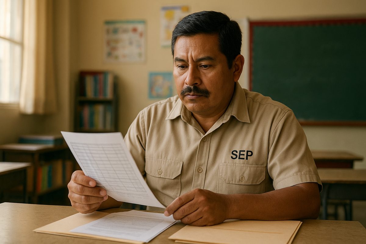 Maestro SEP revisando talón de nómina en su escritorio