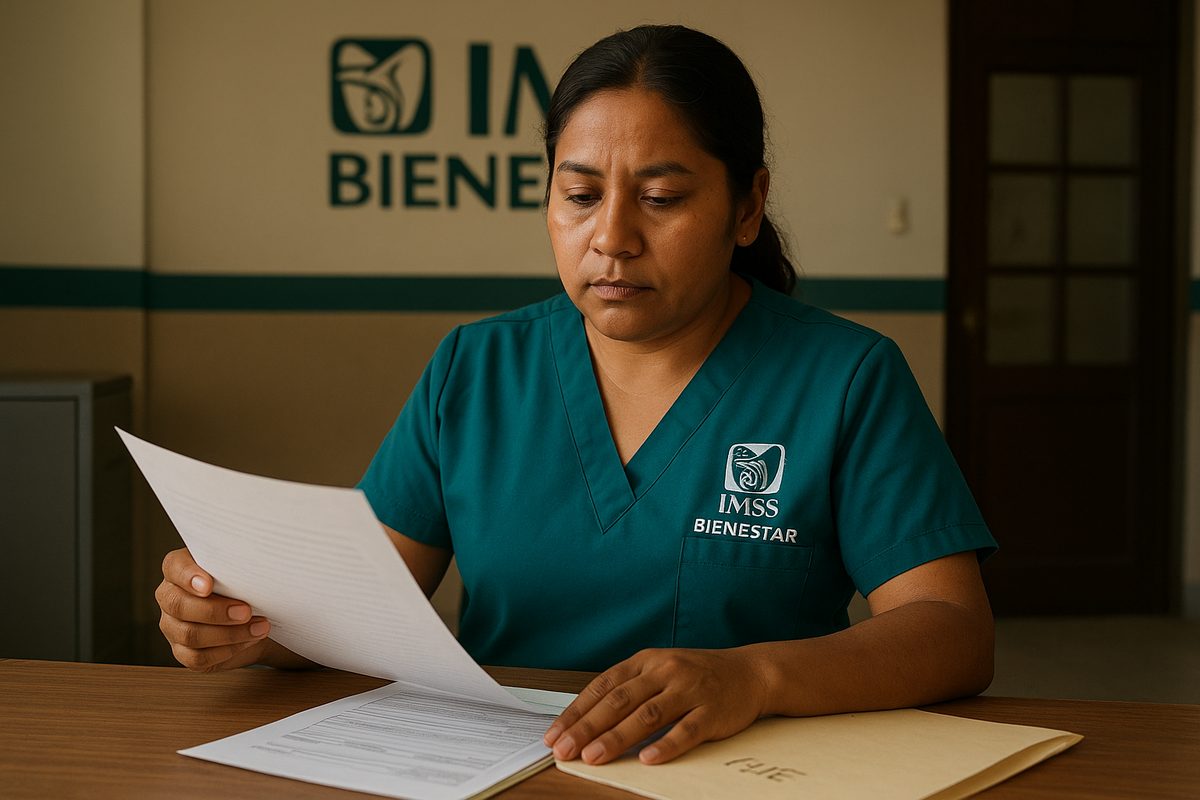 Enfermera revisa talón de nómina en clínica de IMSS Bienestar