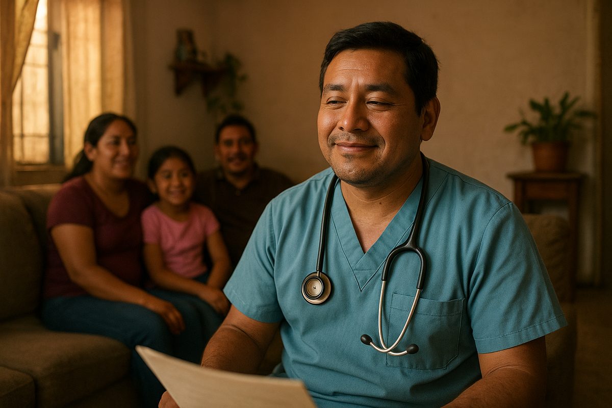 Trabajador de salud en casa con su familia, tranquilo