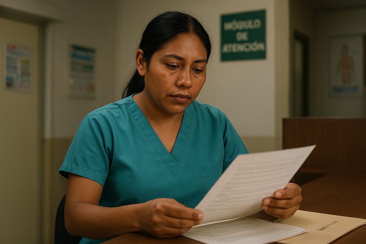 Enfermera revisa documentos para su crédito en el consultorio