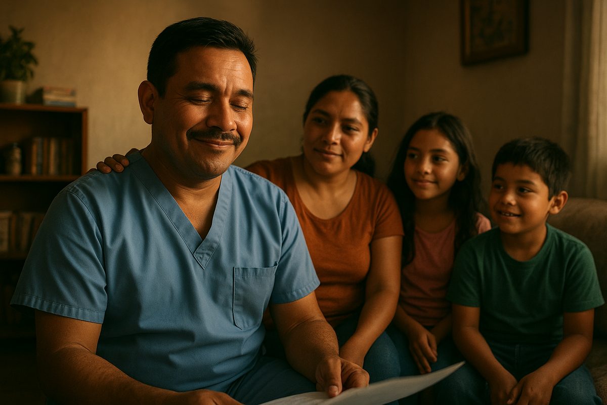 Trabajador de salud satisfecho en casa con su familia