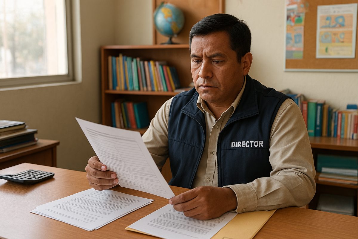 Director SEP revisando documentos y talón de nómina en escritorio