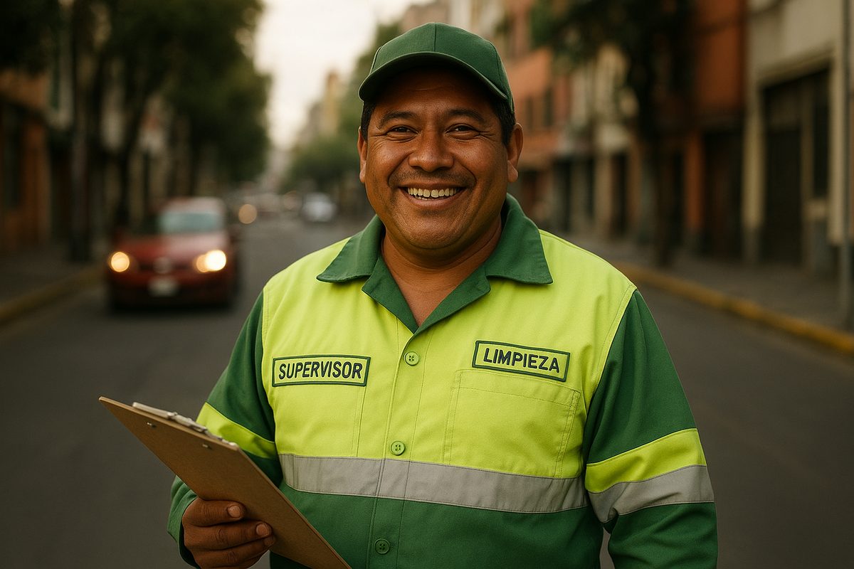 Trabajador de limpia satisfecho tras resolver su trámite de crédito